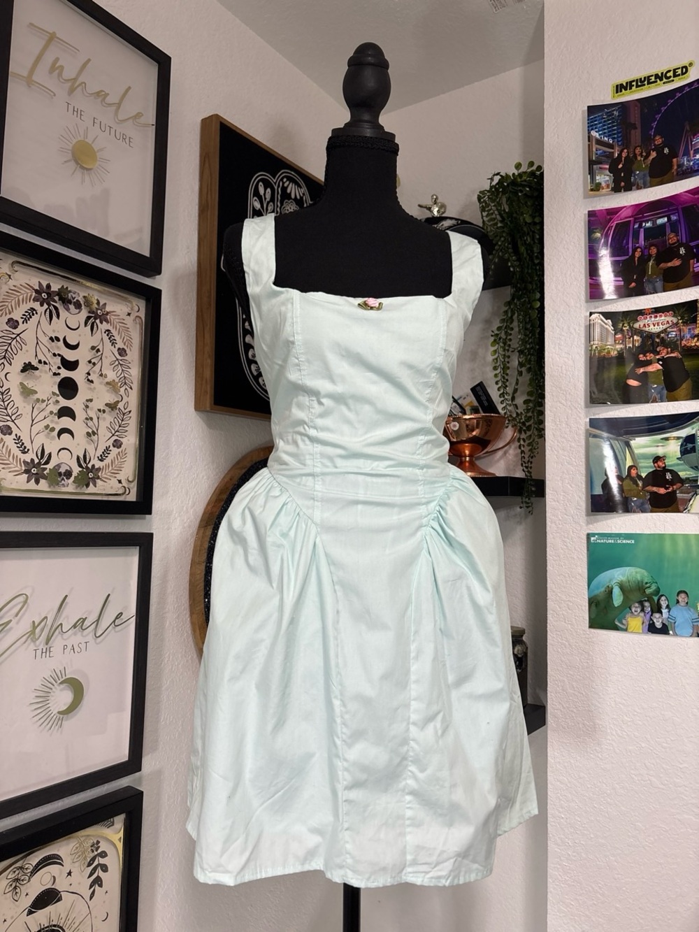 Fashion Nova Charlene Blue Poplin Mini Dress Square Neck Corset Stitch Rosette